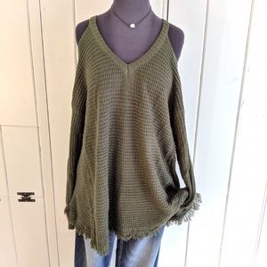 Waffle like top with cute fringe and cold shoulder